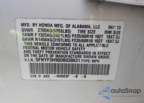 2013 Honda Pilot Touring from USA, damaged, VIN 5FNYF3H90DB030631
